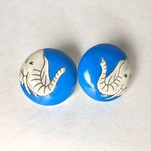 Vintage Elephant Earrings - Blue Circular Kitschy 80s